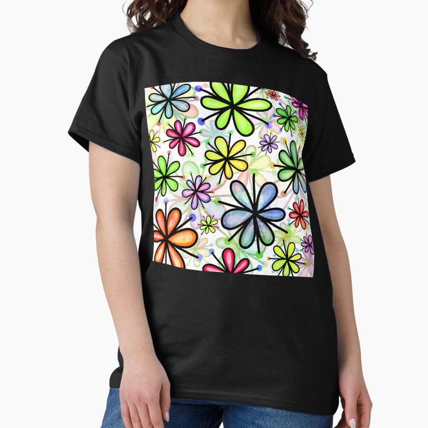 Retro Flower Pattern In Blue, Pink, Orange, Green Classic T-Shirt