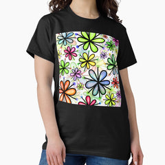 Retro Flower Pattern In Blue, Pink, Orange, Green Classic T-Shirt