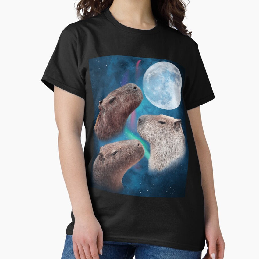 Three Capybaras Moon and Nighttime Sky Classic T-Shirt