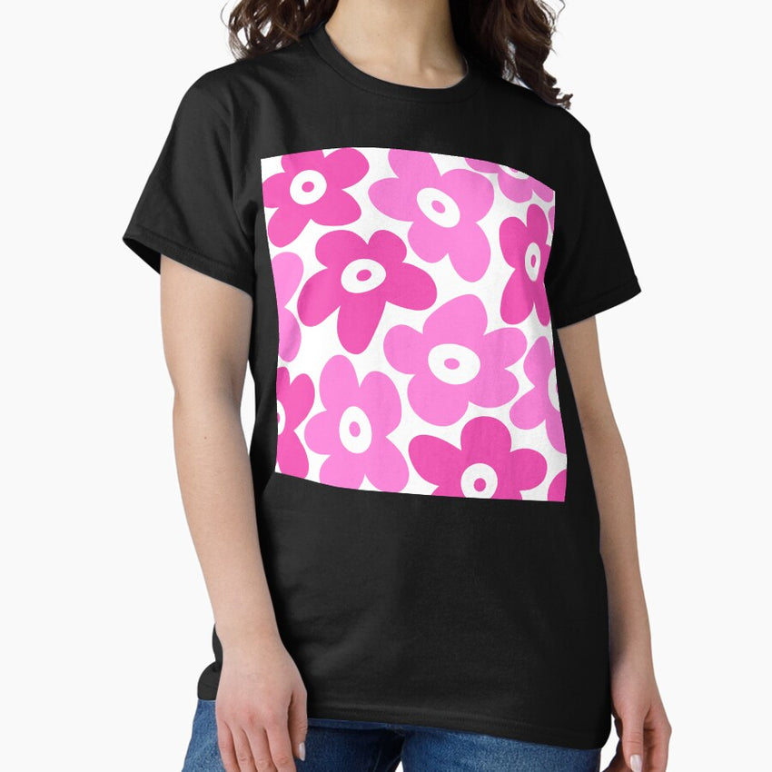 Retro 1960s Hippie Pink Floating Flower Pattern Classic T-Shirt