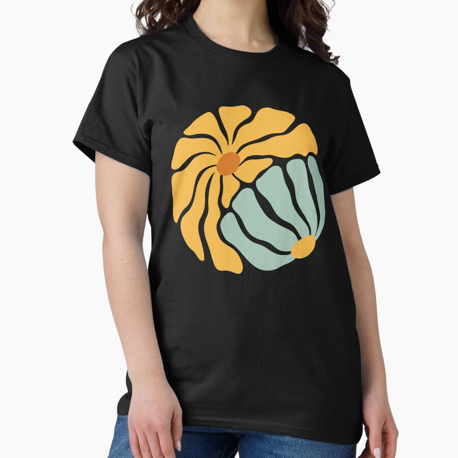 Abstract Modern Flowers | Yellow & Blue Bold Botanical Art Classic T-Shirt