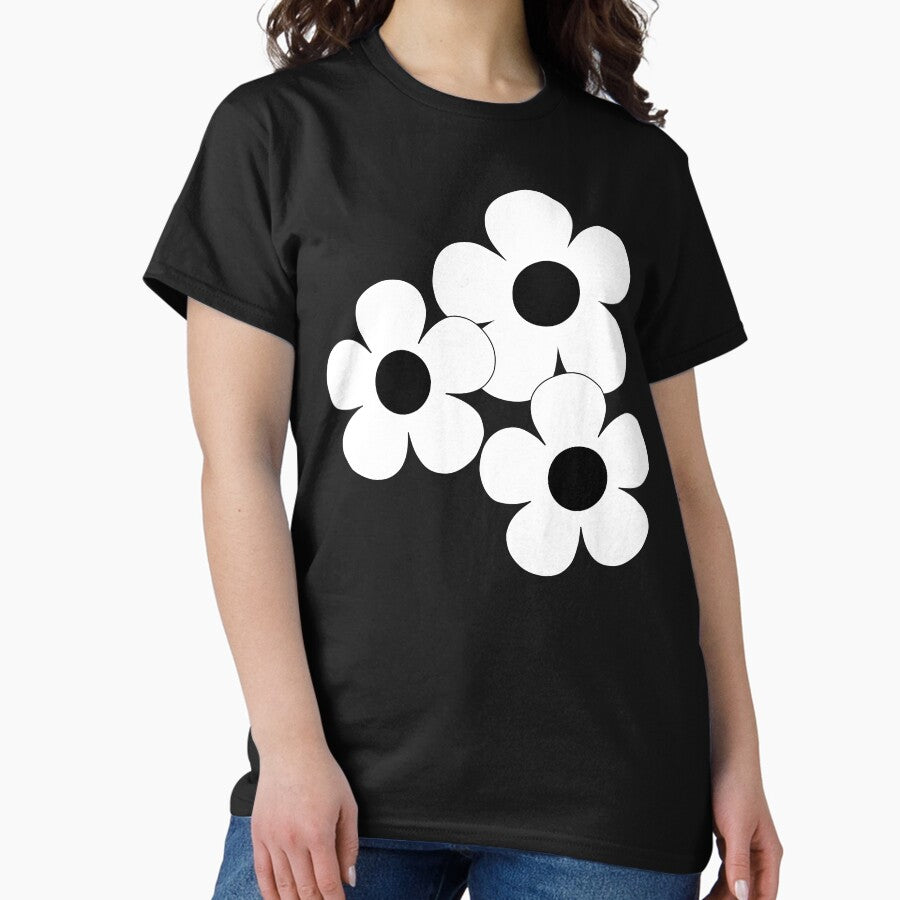60S Flower Power Pop Flowers White Flowers On Black Classic T Shirt