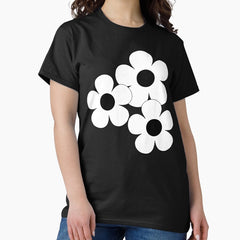 60S Flower Power Pop Flowers White Flowers On Black Classic T Shirt