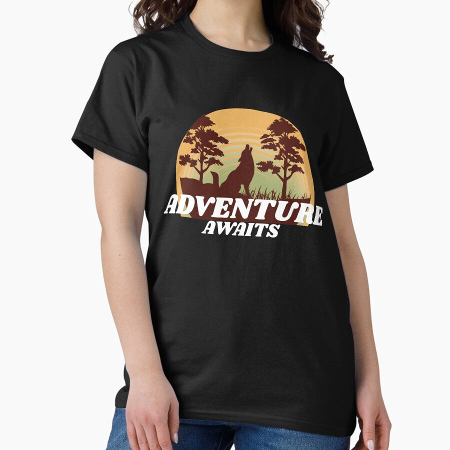 Adventure Awaits Wolf Design Classic T Shirt