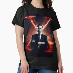 A highly dynamic poster of Elon Musk in the style of vibrant and high energy superhero imagery Classic T-Shirt