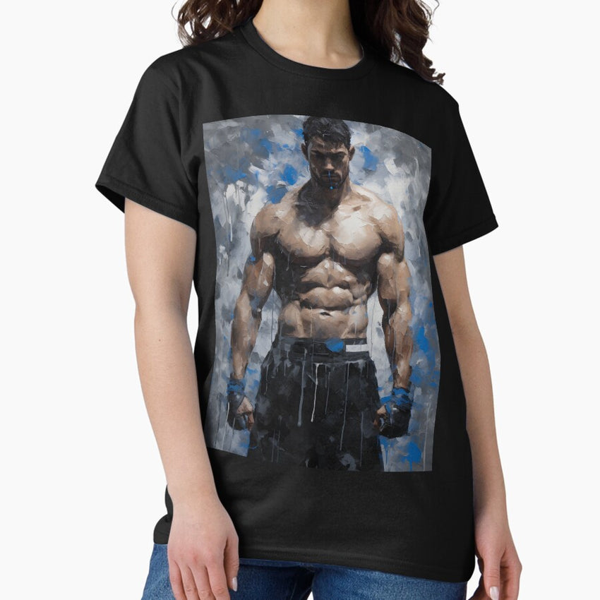 A painting of a muscular boxer with a strong facial expression in the style of powerful superhero Classic T-Shirt