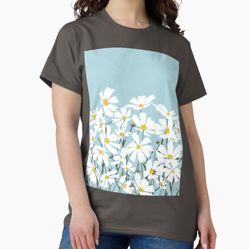 Les Fleurs de Paris - White Cosmos Flowers on Blue Classic T-Shirt