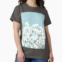 Les Fleurs de Paris - White Cosmos Flowers on Blue Classic T-Shirt