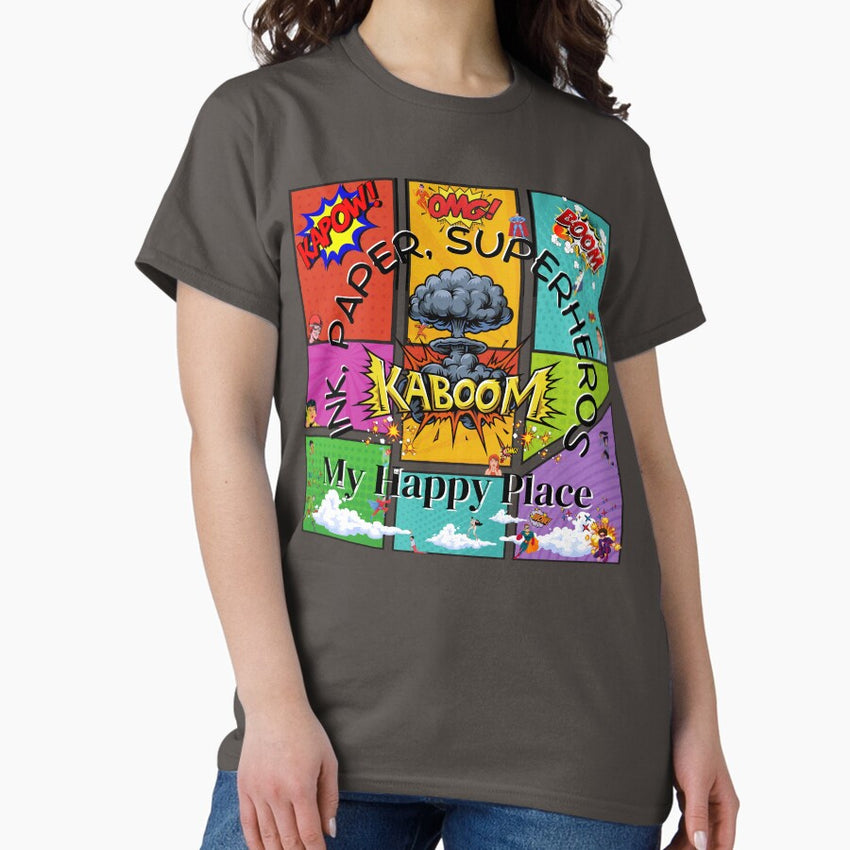 Art Ink Paper Superheros My Happy Place Kaboom Bam Wham Boom Classic Comic Book Classic T-Shirt