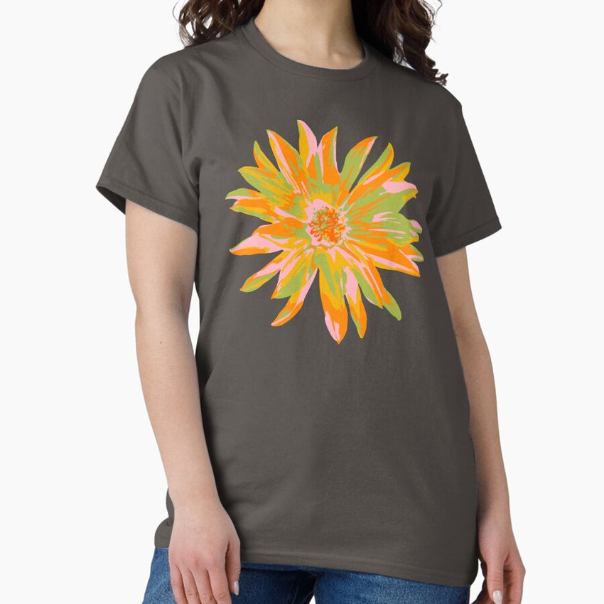 DAHLIA BURSTS Abstract Blooming Floral Summer Bright Flowers - Orange Yellow Blush Lime Green on Orange - UnBlink Studio by Jackie Tahara Classic T-Shirt