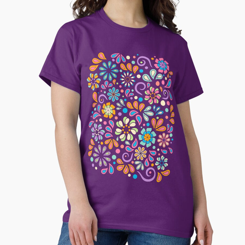 Retro Paisley Flower Power Bohemian Hand Drawn Art Classic T-Shirt
