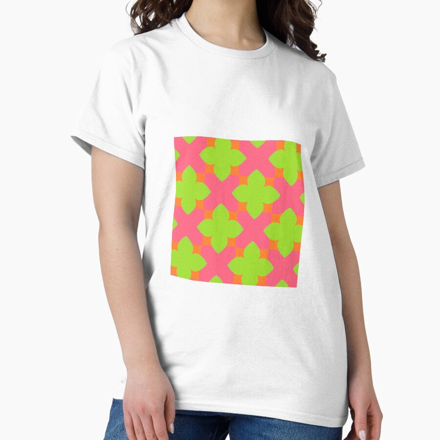 Retro Green-Pink Flowers Pattern Classic T-Shirt