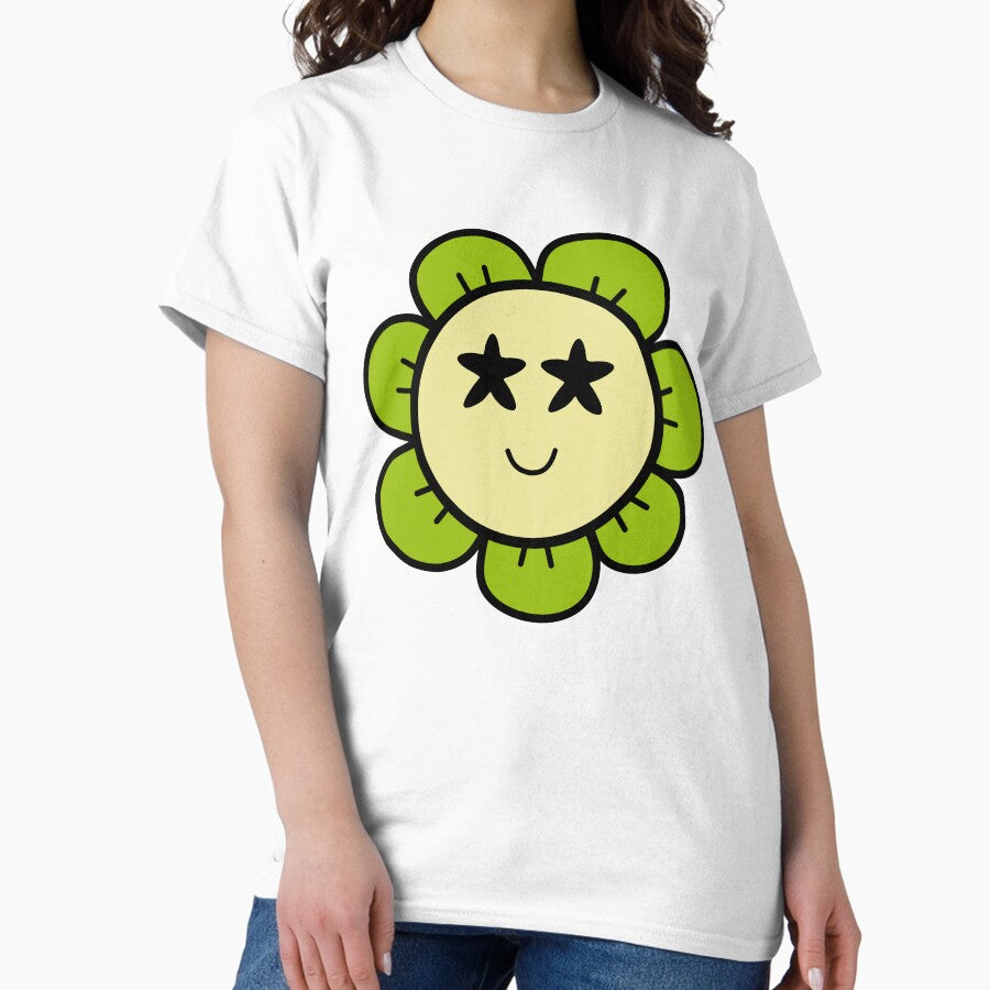 Retro Smiley Face Flower Green Classic T-Shirt