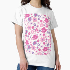 RETRO GROOVY AND FUN FLOWERS PINK LILAC WHITE Classic T-Shirt