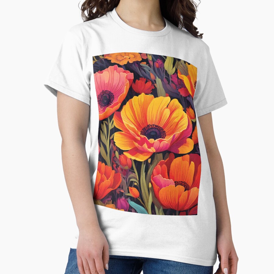 poppy and tulip floral pattern in warm sunset gradients Classic T-Shirt