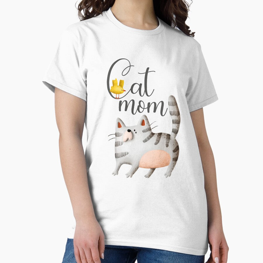Cat Mom with Grey Cat and Yellow Bird Classic T-Shirt