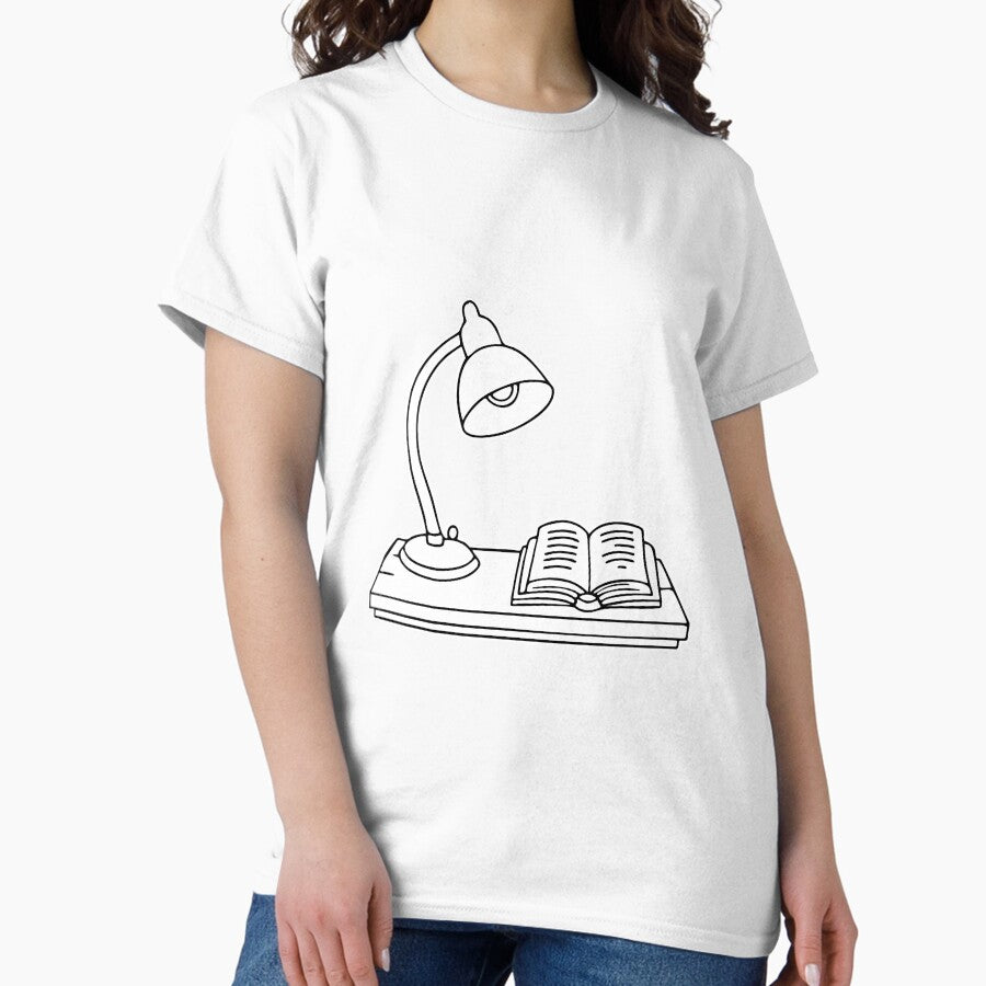 Antique Table Lamp Sitting On A Wooden Desk With An Open Book Classic T Shirt