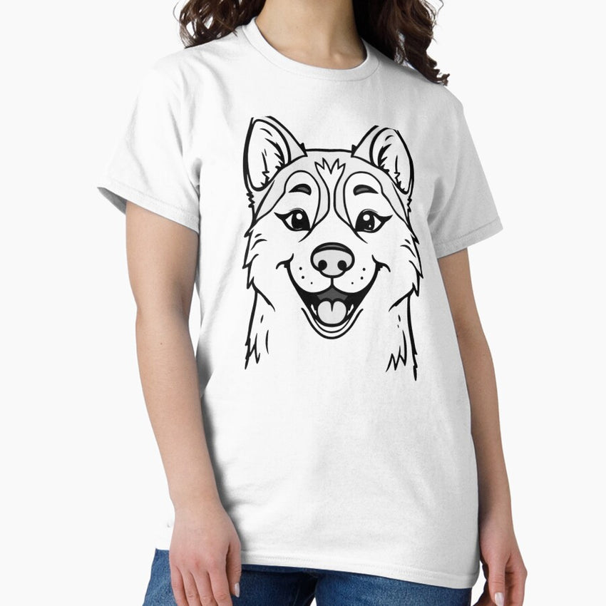 A cheerful Siberian Husky with bright blue eyes howling at the moon. Classic T-Shirt