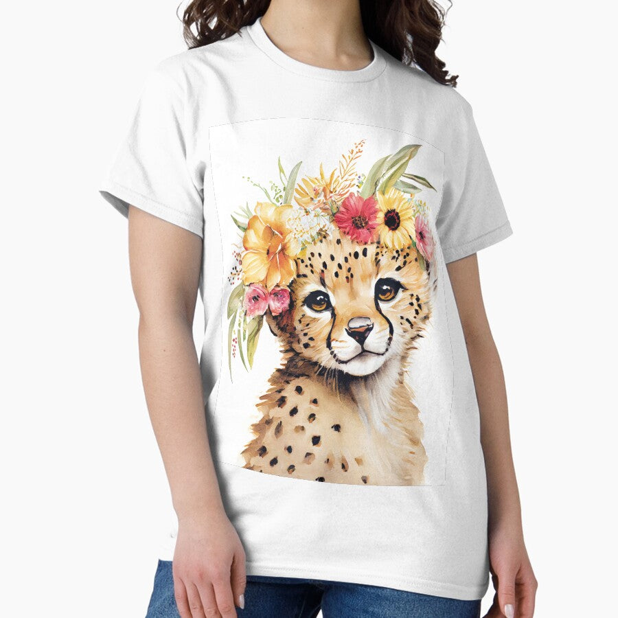 Cheetah With Flower Crown Art Print Watercolor Safari Nursery Decor Girls Room Floral Wall Art Classic T Shirt