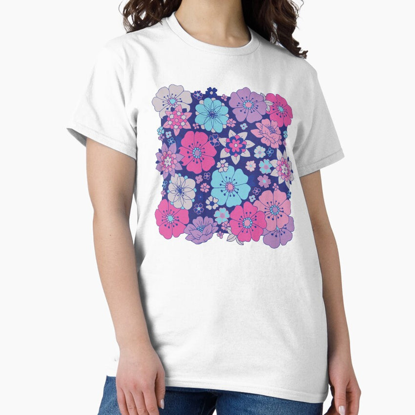 Blue and Pink Retro Boho Flower Pattern Classic T-Shirt