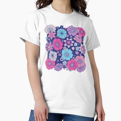 Blue and Pink Retro Boho Flower Pattern Classic T-Shirt