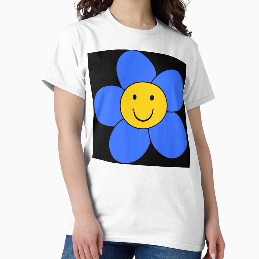 Retro 1970s Blue Smiley Face Fun Flower Art Classic T-Shirt