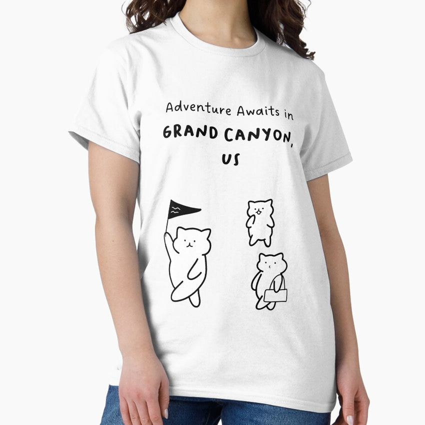 Adventure Awaits In Grand Canyon United States Of America Cute Cat Characters In Minimalist Line Art Classic T Shirt