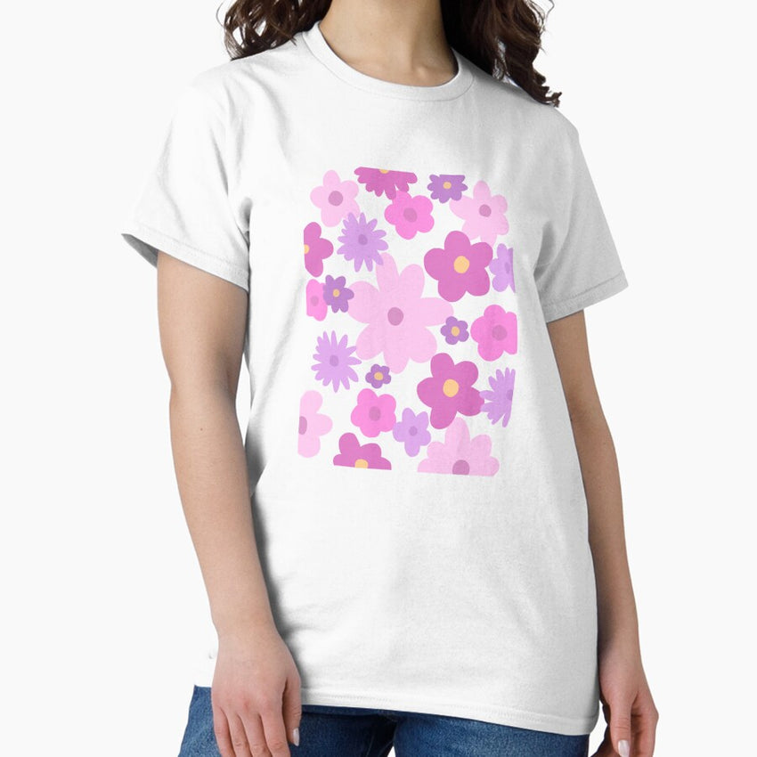 Cute Pink and Purple Retro Flower Print Classic T-Shirt