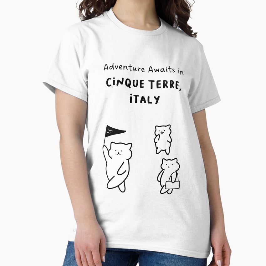 Adventure Awaits In Cinque Terre Italy Cute Cat Characters In Minimalist Line Art Classic T Shirt