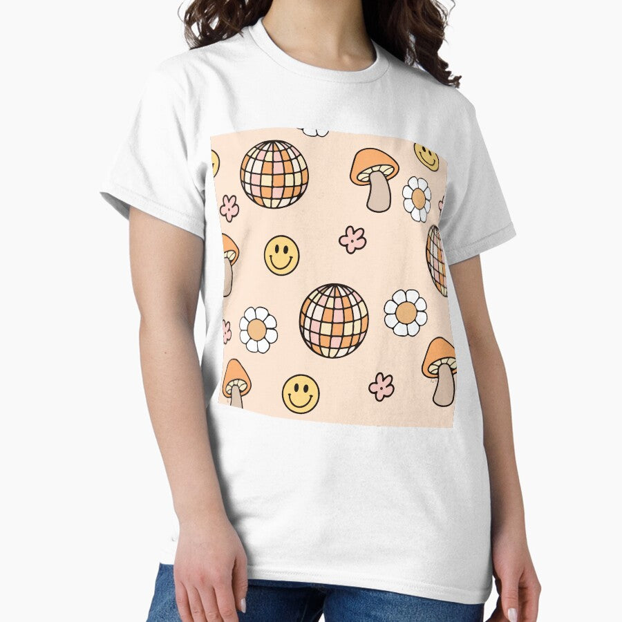 Retro disco ball mushroom emoji and flower pattern Classic T-Shirt
