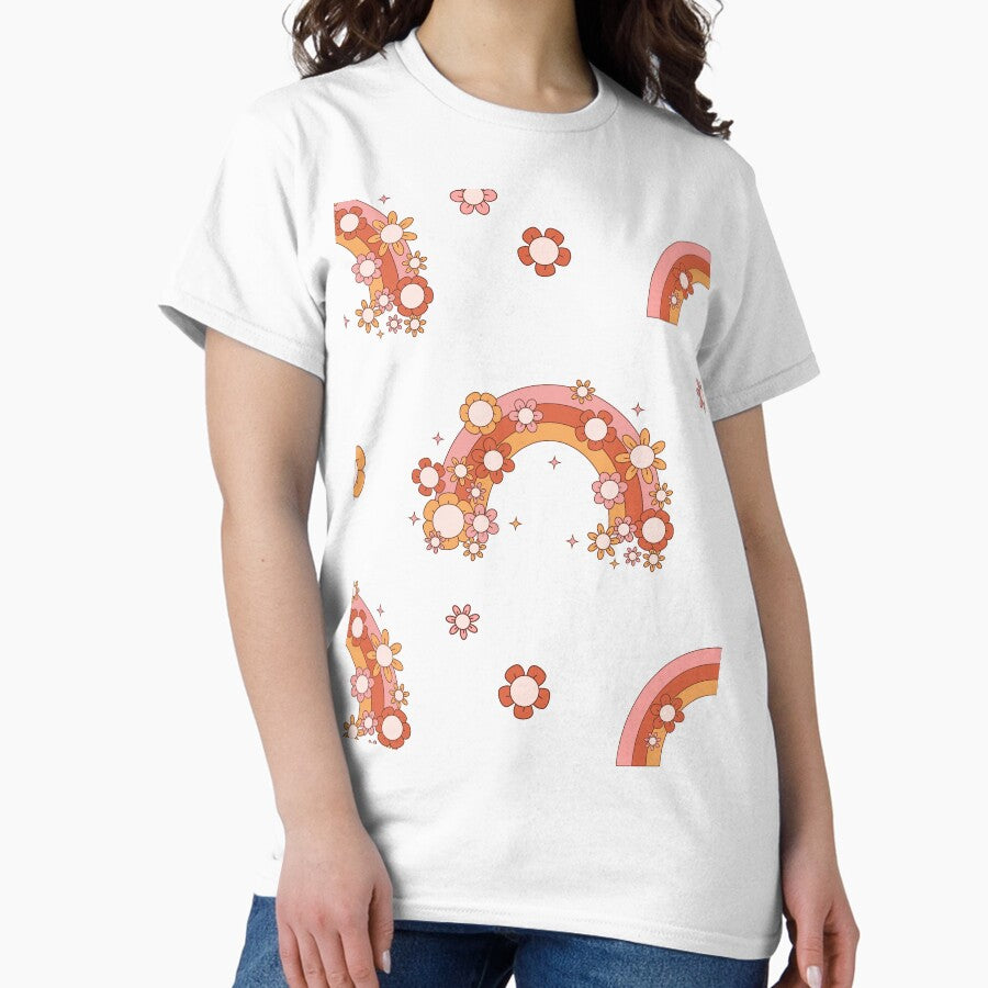 Retro flower rainbow pattern - cream Classic T-Shirt