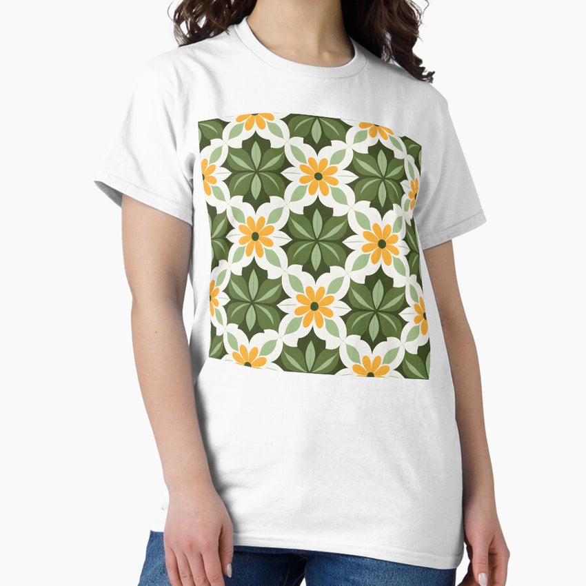 Mid Mod, Retro flower Pattern, Green, Yellow Classic T-Shirt