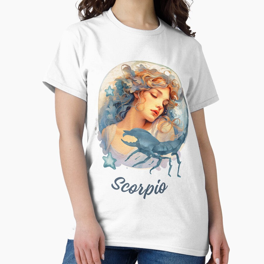Colorful beautiful Scorpio Zodiac in a Circle- Retro Scorpio zodiac sign from Zodiac Chart on blue background Classic T-Shirt