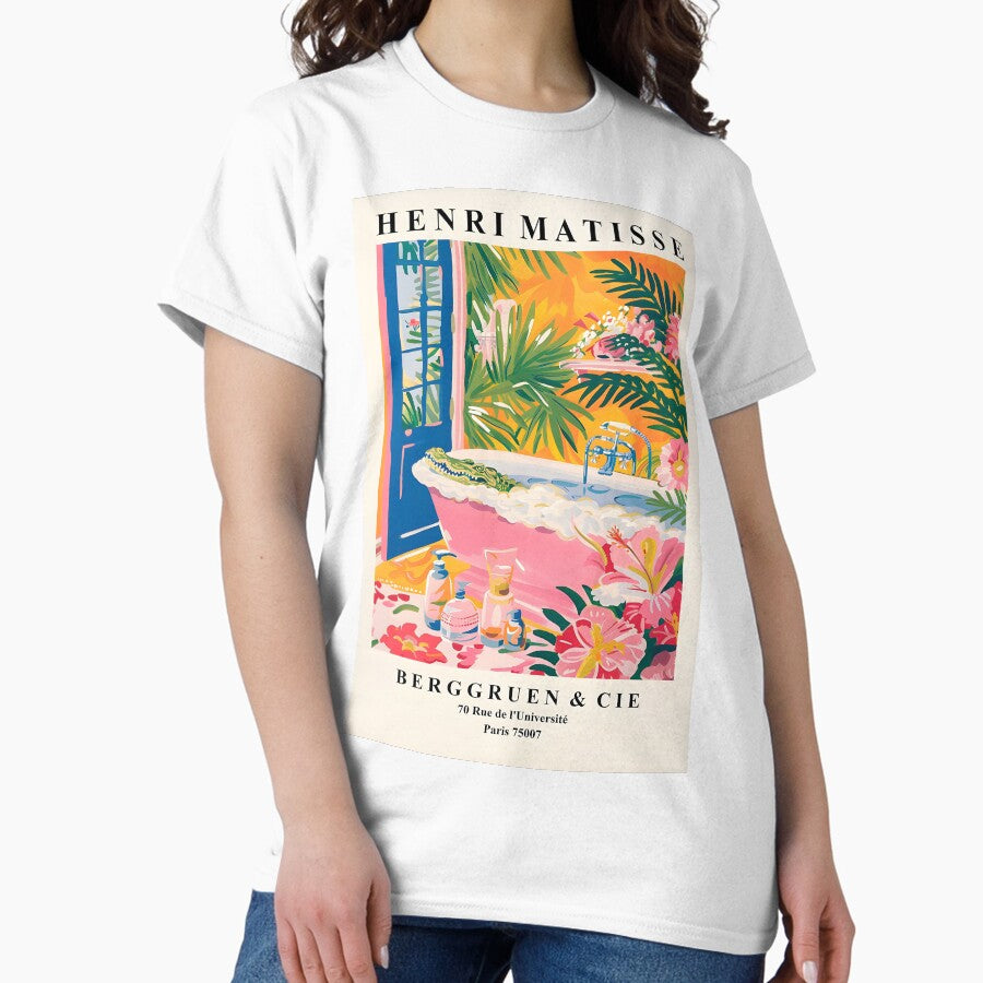 Alligator In Bathtub Funny Poster Mid Century Art Matisse Print Pink Bathroom Decor Tropical Floral Wall Art Classic T Shirt