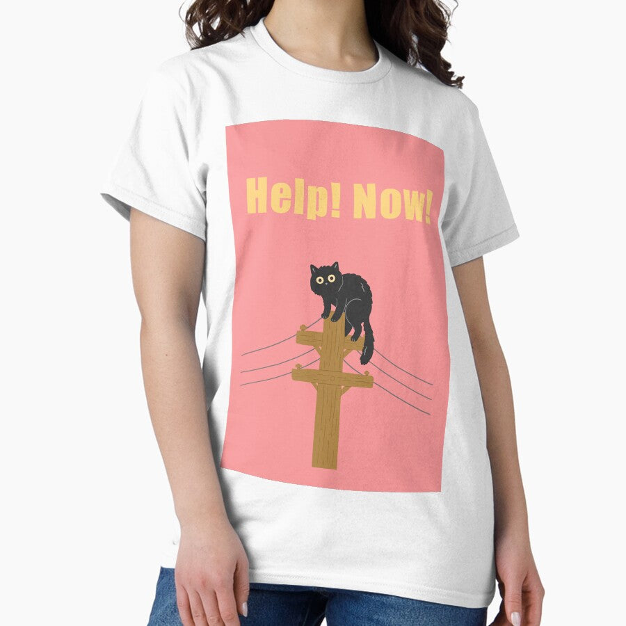 Funny silly cat art : Help! Now! Pink version Classic T-Shirt