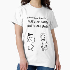 Adventure Awaits In Plitvice Lakes National Park Croatia Cute Cat Characters In Minimalist Line Art Classic T Shirt
