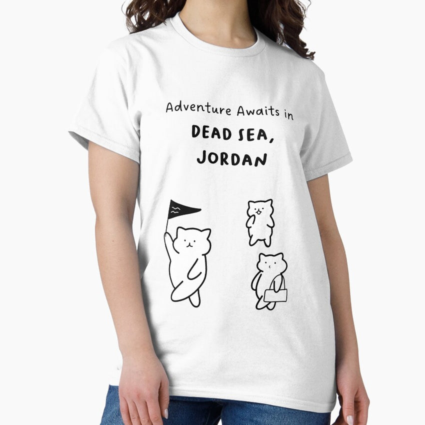 Adventure Awaits In Dead Sea Jordan Cute Cat Characters In Minimalist Line Art Classic T Shirt