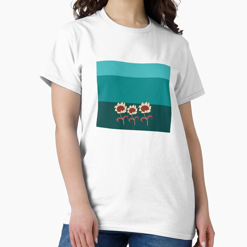 Sunflowers in shades of red and yellow on a three-tone green background Classic T-Shirt