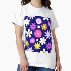 70s Style Retro Color Flower Pattern on Blue Classic T-Shirt