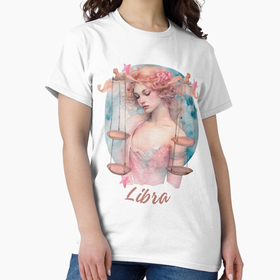 Colorful beautiful Libra Zodiac in a Circle- Retro Libra zodiac sign from Zodiac Chart on blue background Classic T-Shirt