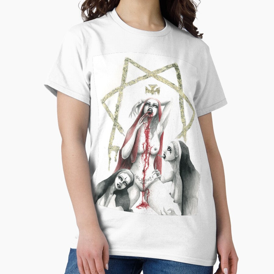 Scarlet Goddess Ancient Babalon The Satans Goddess With Her Slaves Sexy Nuns Occult Art Dark Art Painting Red Goddess Vintage Witch Witchy Vibes Classic T Shirt