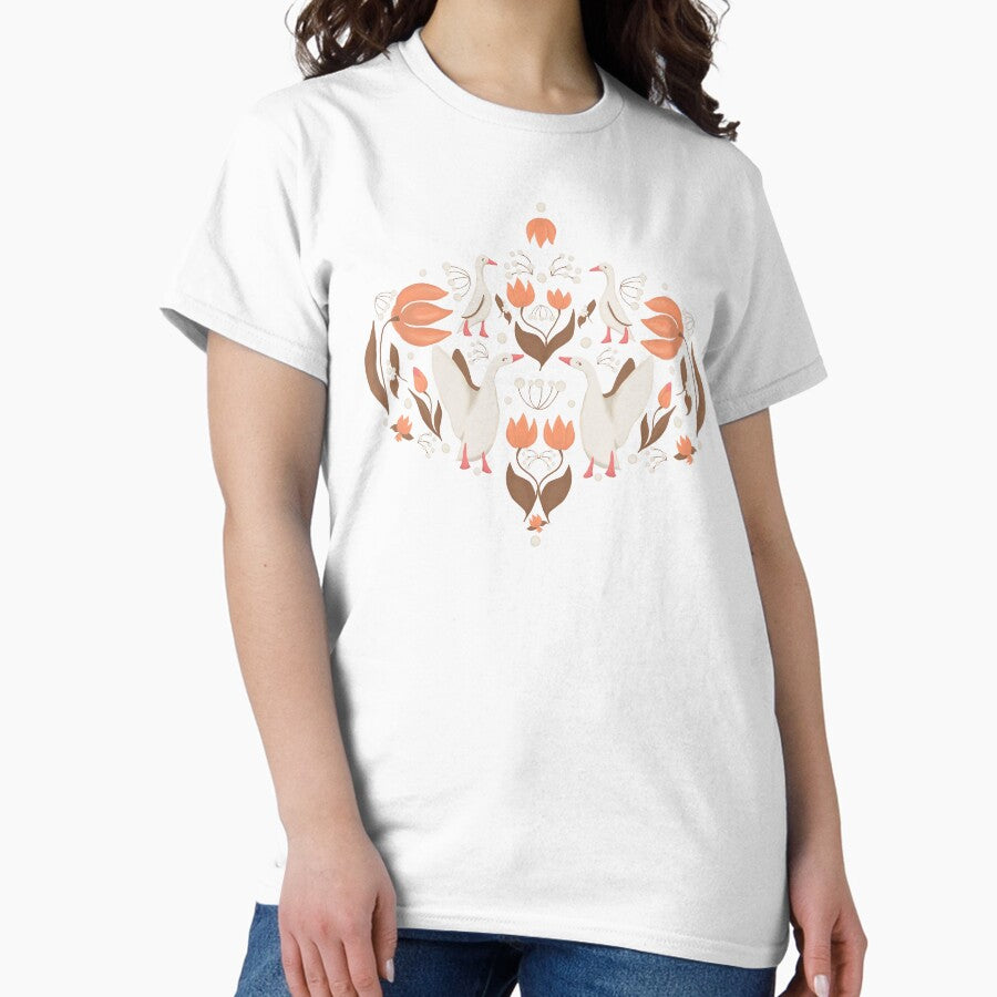 Hand Drawn Goose And Flowers In Vintage Style Classic T Shirt