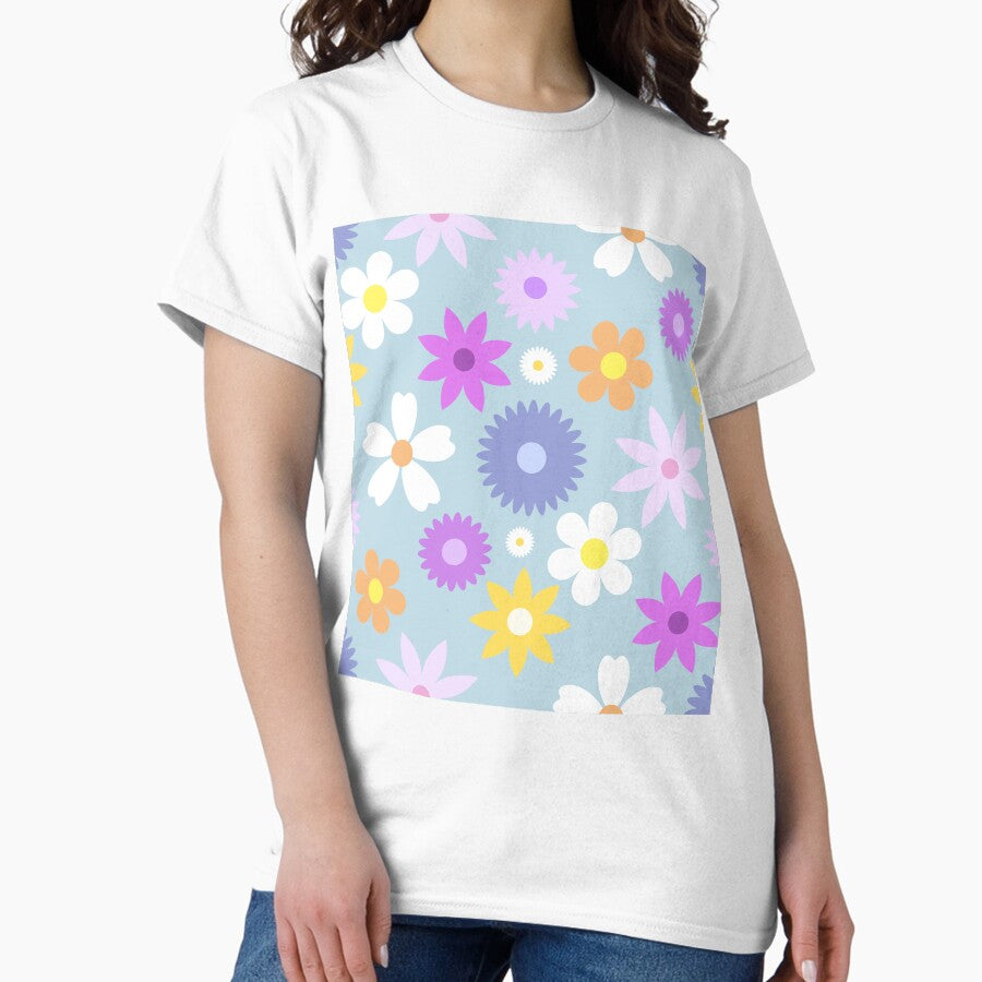 70s Style Retro Flower Pattern Pastel Colors Classic T-Shirt