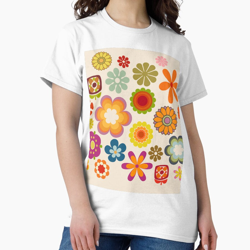 Groovy Retro Rainbow Flowers Classic T-Shirt
