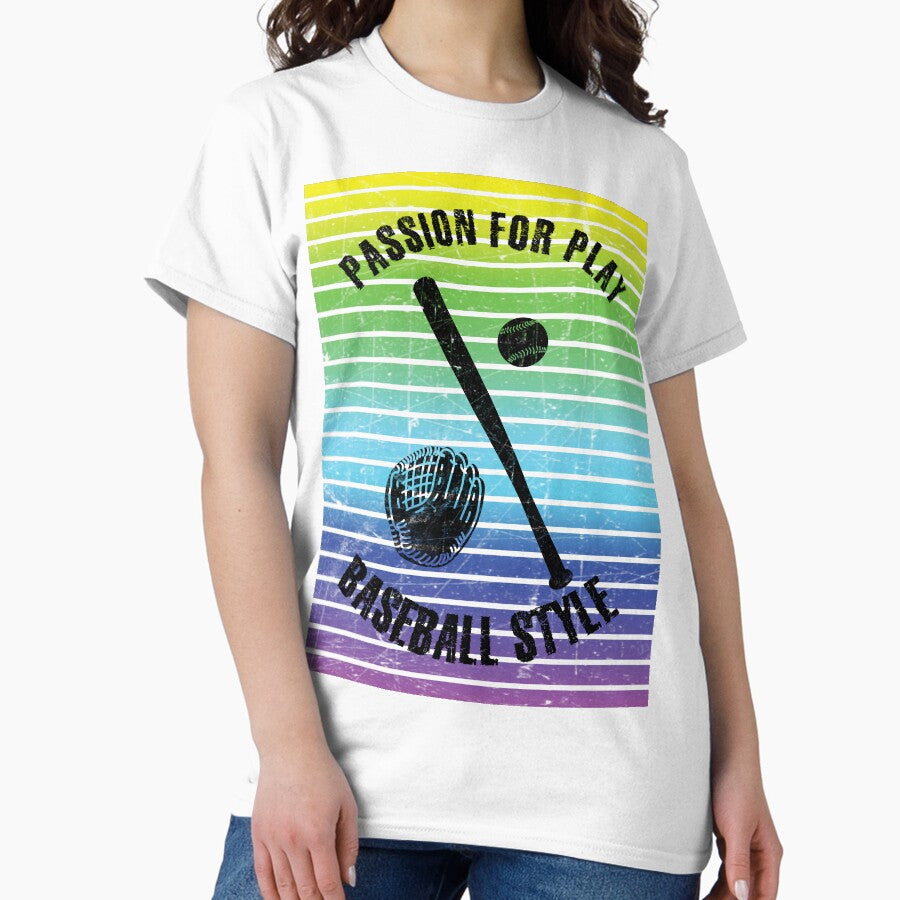 Ball, glove and baseball bat against the background of rainbow stripes Classic T-Shirt