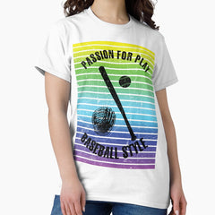 Ball, glove and baseball bat against the background of rainbow stripes Classic T-Shirt