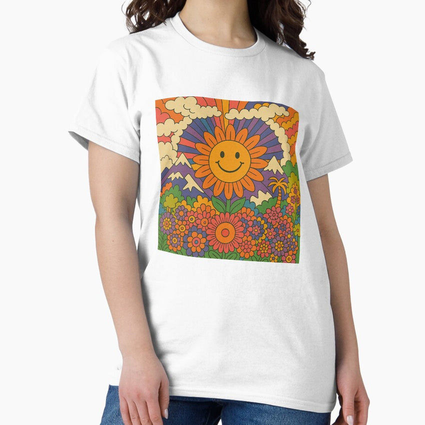 Smiling Sunflower – Psychedelic 70s Flower Power Art Classic T-Shirt