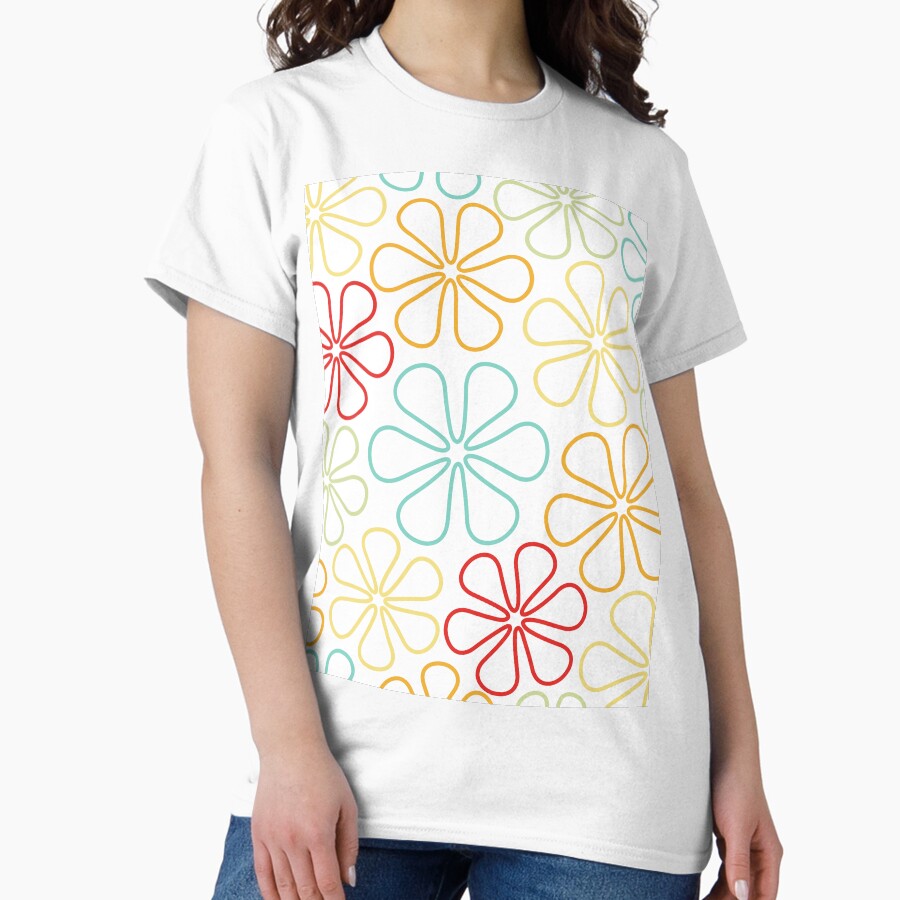 Abstract Flower Outlines Red Yellow Orange Lime Teal White Classic T-Shirt