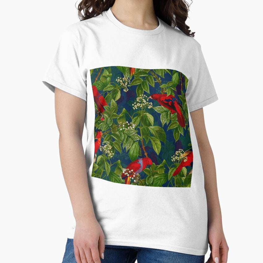 Vintage Red Parrot in Green Jungle Pattern Botanical Night Garden Nightgarden Classic T-Shirt