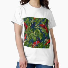 Vintage Red Parrot in Green Jungle Pattern Botanical Night Garden Nightgarden Classic T-Shirt